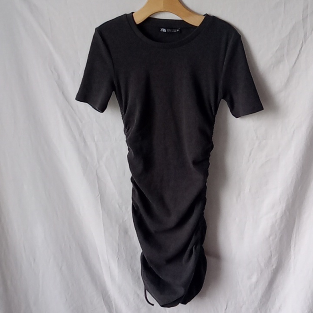 Zara Ruched Drawstring Ribbed Bodycon Mini Dress Size S Dark Gray